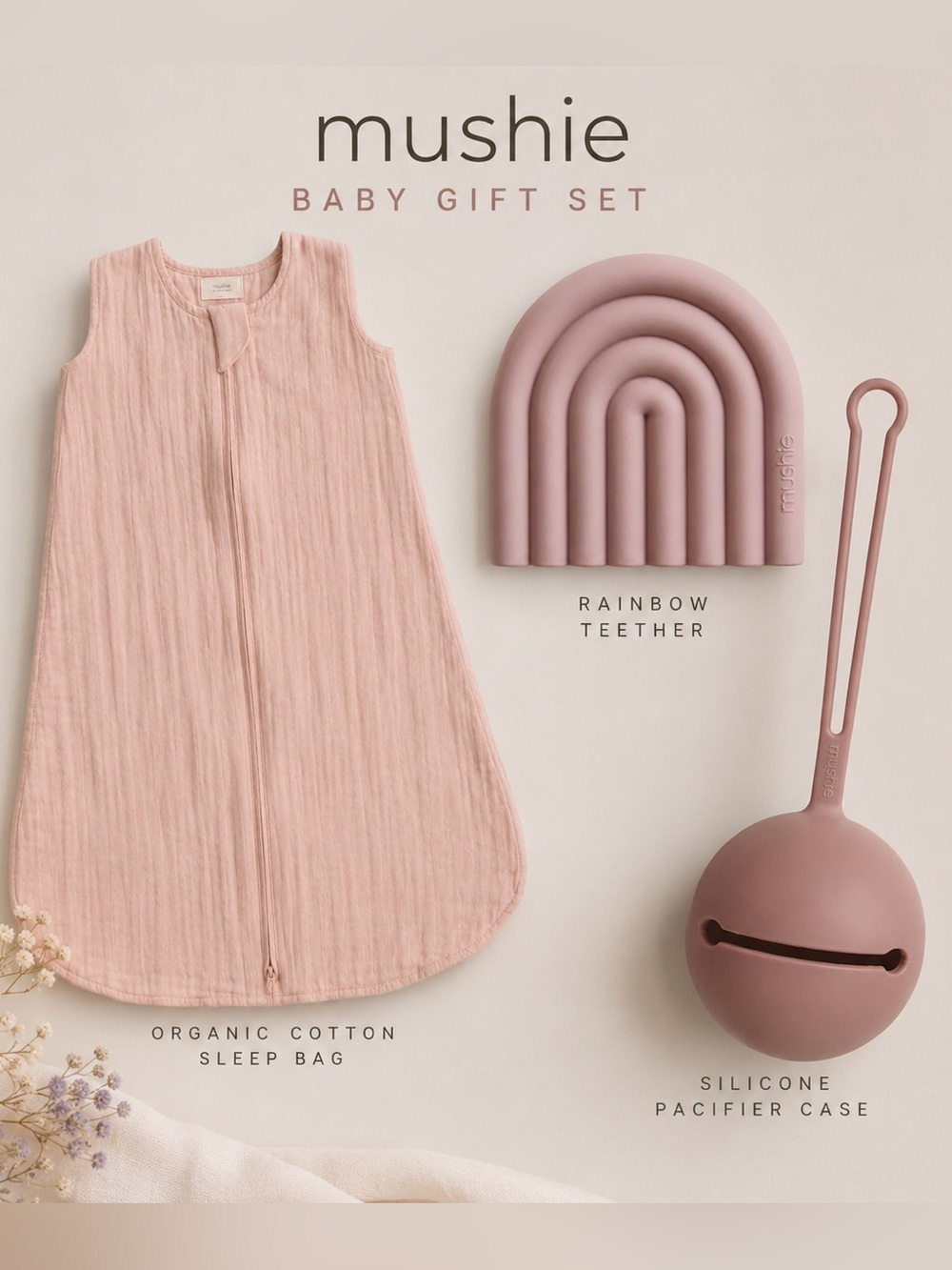 Mushie Baby Girl Gift Set: Organic Sleep Bag + Teether + Pacifier Case NWT